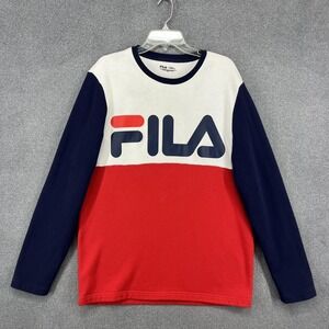 FILA Shirt Mens Large Red White Blue Long Sleeve Crewneck Colorblock Big Logo